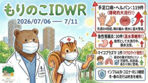 「武蔵小杉 森のこどもクリニック小児科・皮膚科」の感染症週報「もりのこIDWR」(2026年7月6日〜7月11日)のアイキャッチ画像。武蔵小杉のビル群と森を背景に、白衣と紺色のスクラブを着てマスクをしたクマの医師(くま先生)と、マスク姿のリスの看護師が並んでいます。右側のデータパネルには上から順に、赤枠で「手足口病・ヘルパン:119件(爆発的大流行!)先週の4倍超。喉の痛み・脱水に最大警戒。」、赤枠で「急性胃腸炎:30件(高水準維持!)依然として大流行中。脱水注意。」、黄枠で「マイコプラズマ:1件(マクロライド耐性!)最初の薬が効きにくい可能性。長引く咳に警戒。」、青枠で「インフルA/B・コロナ・RS:0継続。冬・春の流行は終息を維持。」と記載され、それぞれ手足や喉の水疱、胃、咳をする子どもと肺などの警戒アイコンが添えられています。