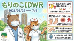 「武蔵小杉 森のこどもクリニック小児科・皮膚科」の感染症週報「もりのこIDWR」（2026年6月29日〜7月4日）のアイキャッチ画像。武蔵小杉のビル群と森を背景に、白衣と紺色のスクラブを着てマスクをしたクマの医師（くま先生）と、マスク姿のリスの看護師が並んでいます。右側の動向パネルには上から順に、赤枠で「急性胃腸炎：29件（高水準維持！）お腹の風邪、依然として流行中。」、赤枠で「手足口病・ヘルパン：28件（大流行！）夏風邪大流行のピークです。喉の痛み・全身の発疹に大警戒。」、黄枠で「特集：水いぼ（伝染性軟属腫）プール時期の皮膚科相談。痛みの少ない治療も。」、青枠で「インフルA・B・コロナ：0継続 冬の流行は終息を維持。」と記載され、それぞれ胃や手足の発疹、絆創膏などのアイコンが添えられています。