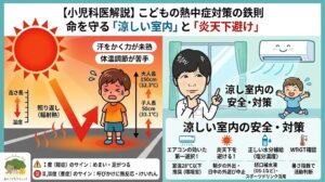 こどもの熱中症対策を図解。「涼しい室内への避難」と「炎天下を避ける」鉄則を小児科医が解説。大人とこどもの体感温度の違い（環境省データ：大人150cm/32.3℃に対し、こども50cm/33.1℃）による輻射熱の影響や、エアコンによる室温28℃以下の推奨、正しい水分補給（塩分濃度）、重症度別のサインをまとめています。武蔵小杉 森のこどもクリニック小児科・皮膚科