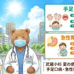 武蔵小杉の街並みを背景に、マスクを着用したくまの「くま先生」とりすの看護師（名札「こなえ」）が立つイラスト。右側に夏の感染症対策情報（手足口病と急性胃腸炎）を説明する2つのボードがあり、症状、原因、飛送経路、対策がイラストとともに詳しく書かれている。下部に「武蔵小杉 夏の感染症対策情報 手足口病・急性胃腸炎に注意！」というタイトルと日付（2026/07/27 — 8/1）がある。
