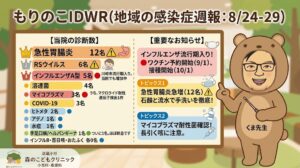 「武蔵小杉 森のこどもクリニック小児科・皮膚科」のインフォグラフィック「もりのこIDWR(地域の感染症週報:8月24日〜29日)」。 左側は「当院の診断数」ランキング。1位:急性胃腸炎12名、2位:RSウイルス6名、3位:インフルエンザA型5名(川崎市流行期入り・増加中)。以下、溶連菌4名、マイコプラズマ3名(耐性遺伝子1件検出)、COVID-19 3名、ヒトメタ2名、アデノ・水痘・手足口病/ヘルパンギーナ各1名、インフルB・百日咳・おたふく各0名。 右側上段は「重要なお知らせ」として、インフルエンザワクチン予約開始(9月1日)・接種開始(10月1日)の案内。中段は「トピックス1:急性胃腸炎急増、石鹸と流水で手洗いを徹底」、下段は「トピックス2:マイコプラズマ耐性菌確認、長引く咳に注意」。 右端には、薄茶色のくまの着ぐるみを着た院長「くま先生」がポインターを持って解説している親しみやすいイラストが描かれています。
