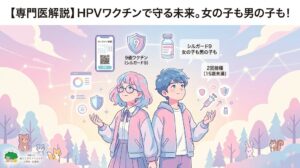 【専門医解説】HPVワクチンで守る未来。女の子も男の子も!というタイトルが上部に記載された、パステルカラーの親しみやすいイラストレーションによるインフォグラフィックです。 中央には、未来を見つめる眼鏡をかけた女の子と男の子が立っており、背景にはクマ、キツネ、ウサギ、リスの小動物たちが優しく見守る、パステル調の森と星座が描かれています。女の子はピンク、男の子はブルーを基調とした、性別を問わない包括的なメッセージを視覚化しています。 画像内には、ワクチンの瓶や注射器のイラストとともに、以下の情報が整理されています。 中央には、「9価ワクチン(シルガード9)」と書かれた盾のアイコンとワクチンの瓶が配置されています。 女の子の側(左側)には、スマートフォンアイコンがあり、画面には「オンライン予約」の文字、QRコード、カレンダーが表示され、利便性を強調しています。その下には、盾(防御)のアイコンや統計グラフがあります。 男の子の側(右側)には、テキストで「シルガード9 女の子も男の子も」と「2回接種(15歳未満)」と記載されており、性別を問わない接種の推奨と、特定の年齢層における接種回数の情報を伝えています。 左下には、木と小動物がデザインされた「武蔵小杉 森のこどもクリニック 小児科・皮膚科」のロゴマークとクリニック名が記載されています。全体として、専門的な医療情報を、安心感と未来への希望とともに伝えるデザインとなっています。