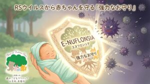 「RSウイルスから赤ちゃんを守る『強力なお守り』」というメッセージとともに、おくるみに包まれた赤ちゃんが「E-NUFLONSIA（エヌフロンシア）」と書かれた光る盾によってウイルスから守られているイラスト。左下には「武蔵小杉 森のこどもクリニック小児科・皮膚科」のロゴ。