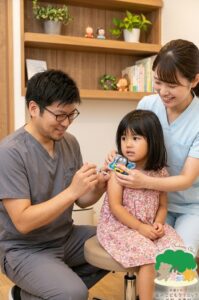 武蔵小杉の「森のこどもクリニック小児科・皮膚科」にて、院長が幼児の右腕に予防接種を行っている様子。注射の痛みを和らげるため、看護師が接種部位のすぐ上にテントウムシ型の医療用機器「Buzzy Mini（バジーミニ）」を優しく当て、お子さんが落ち着いて受診できるようサポートしています。
