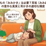 「武蔵小杉 森のこどもクリニック小児科・皮膚科」のブログ用アイキャッチ画像。心配そうな表情の母親が、ソファで横たわる子どもの頭を膝に乗せ、綿棒を耳に近づけているイラスト。上部には「こどもの『みみかき』は必要？耳垢（みみあか）の意外な真実と耳かきの適切な頻度」というタイトルがあり、母親の吹き出しには「正しい耳かきの頻度って？」と書かれている。左下にはクリニックのロゴと名称が配置されている。