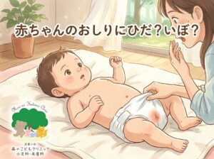 「武蔵小杉 森のこどもクリニック小児科・皮膚科」のブログのアイキャッチ画像。画像上部中央に『赤ちゃんのおしりにひだ？いぼ？』とかかれており、おむつ替え中に赤ちゃんの肛門のいぼに気づいて驚くお母さんが描かれているイラスト。
