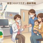 診察室で、笑顔の親子（母親と赤ちゃん）が、マスクを着用した医師と看護師から、新型コロナワクチンについて説明を受けている。アニメ調のイラストで表現されており、明るく清潔な雰囲気。中央上部には「新型コロナワクチン最新情報」という大きなテキスト。左上の強調された部分には、手袋をした手が「COVID-19 Vaccine」と書かれたバイアルと注射器を持っている。左下には、森とクマやリスなどの動物をあしらった「武蔵小杉 森のこどもクリニック 小児科・皮膚科」のロゴ。背景にはPC、モニター、医療器具が並ぶデスクや棚、ドア、窓、カーテンなどが詳しく描かれている。