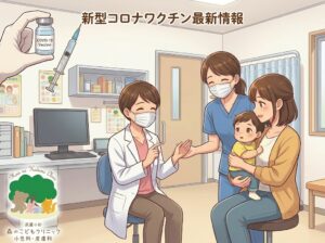 診察室で、笑顔の親子(母親と赤ちゃん)が、マスクを着用した医師と看護師から、新型コロナワクチンについて説明を受けている。アニメ調のイラストで表現されており、明るく清潔な雰囲気。中央上部には「新型コロナワクチン最新情報」という大きなテキスト。左上の強調された部分には、手袋をした手が「COVID-19 Vaccine」と書かれたバイアルと注射器を持っている。左下には、森とクマやリスなどの動物をあしらった「武蔵小杉 森のこどもクリニック 小児科・皮膚科」のロゴ。背景にはPC、モニター、医療器具が並ぶデスクや棚、ドア、窓、カーテンなどが詳しく描かれている。