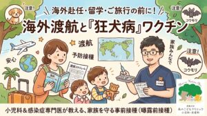 「武蔵小杉 森のこどもクリニック小児科・皮膚科」の大熊院長(くま先生)が海外赴任や旅行を控えた家族に狂犬病ワクチンの事前接種(曝露前接種)を案内するトラベルワクチン外来のブログアイキャッチ画像。感染源となりうる「子犬」や「コウモリ」に注意するよう描かれている。こどもも大人もワクチン接種を相談できることから、家族みんなで相談できるようすが描かれている。
